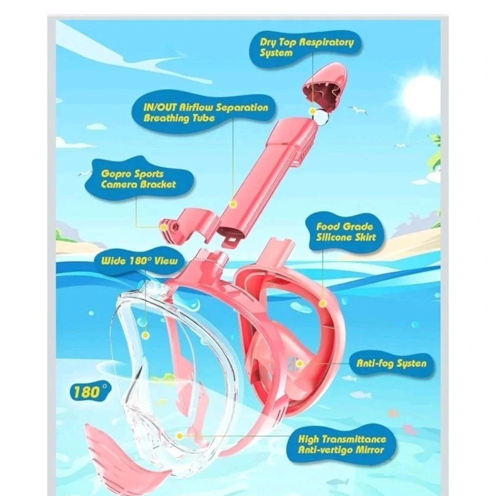 Pink Kids Full Face Snorkel Mask Dry Top Snorkel 180° View Anti-Fog XS